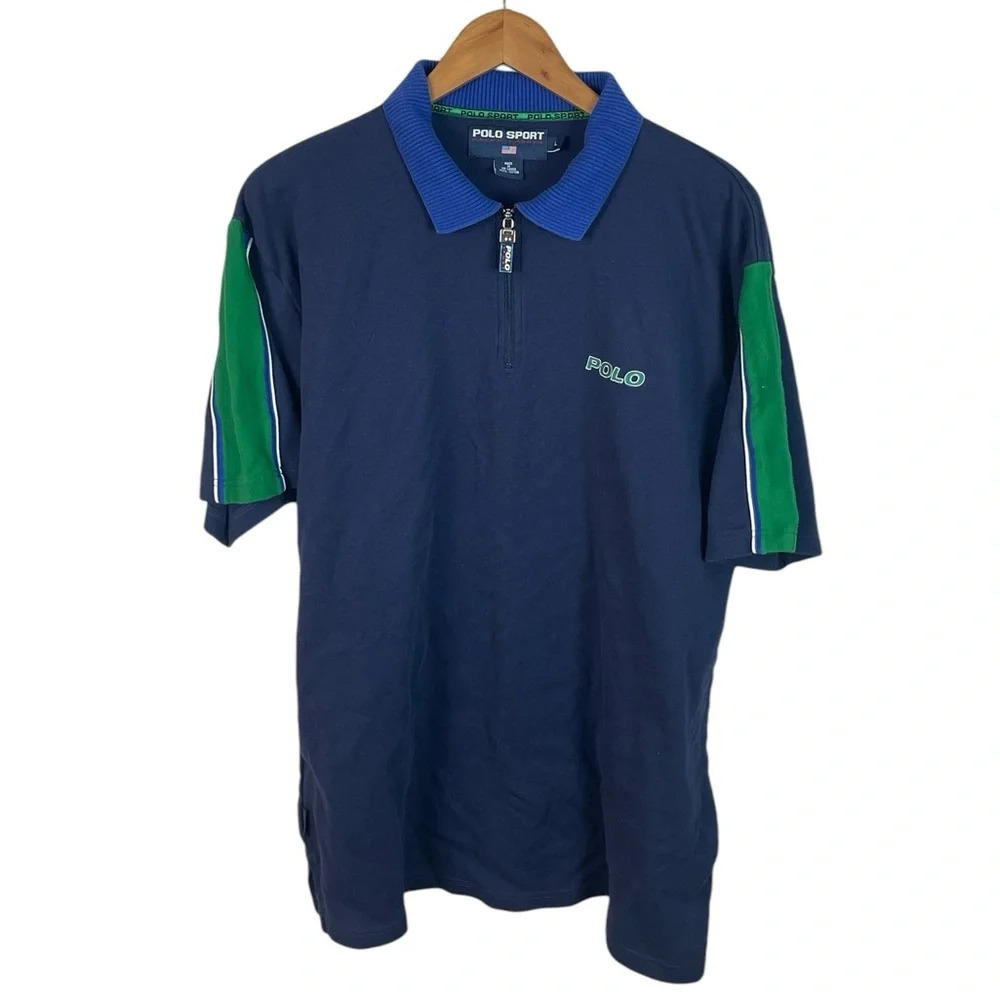 PO66 Mens Polo Sport Ralph Lauren Designer Y2K Zip Polo Shirt L
